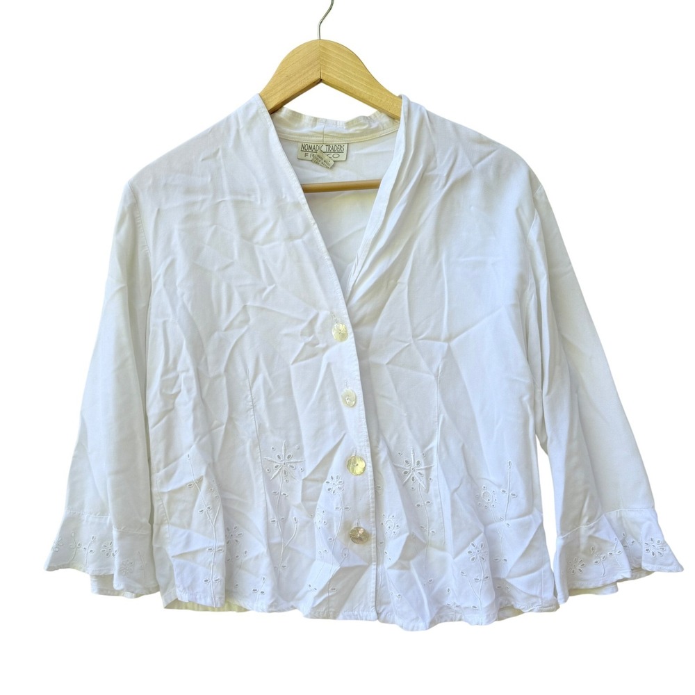 Nomadic Traders Fresco Top Womens Small White Eyelet‎ Boho Cottage Ruffle Sleeve